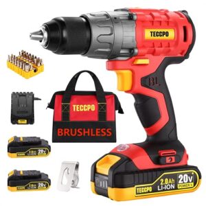 cordless drill set, 20v brushless drill driver, 2x 2.0ah li-ion batteries, 530 in-lbs torque, 1/2” all-metal chuck, 21+1 torque settings, 0-1500rpm variable speed, 33pcs accessories with case