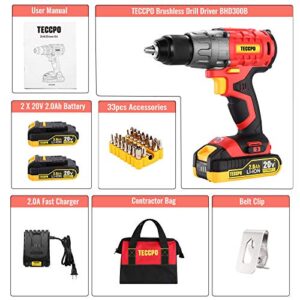 Cordless Drill Set, 20V Brushless Drill Driver, 2x 2.0Ah Li-ion Batteries, 530 In-lbs Torque, 1/2” All-metal Chuck, 21+1 Torque Settings, 0-1500RPM Variable Speed, 33pcs Accessories with Case