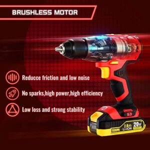 Cordless Drill Set, 20V Brushless Drill Driver, 2x 2.0Ah Li-ion Batteries, 530 In-lbs Torque, 1/2” All-metal Chuck, 21+1 Torque Settings, 0-1500RPM Variable Speed, 33pcs Accessories with Case