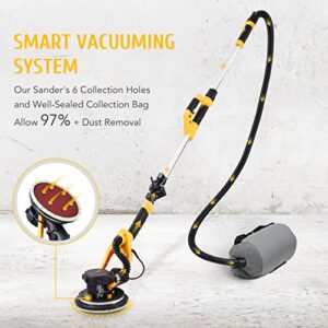 ZELCAN 800W Drywall Sander with Vacuum Attachment, 6 Speed Folding Sander with Extendable Handle LED Lights Dust Collector and 6 Sanding Discs, Drywall Power Tool for Woodworking Home Improvement