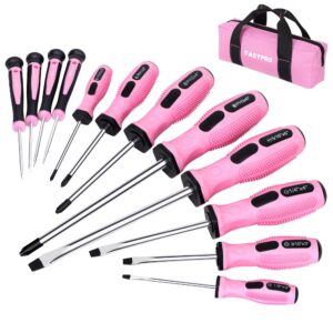 fastpro 12-piece pink magnetic screwdrivers set with slotted phillips screwdrivers and precision screwdrivers, repair tool kit for women with storage bag