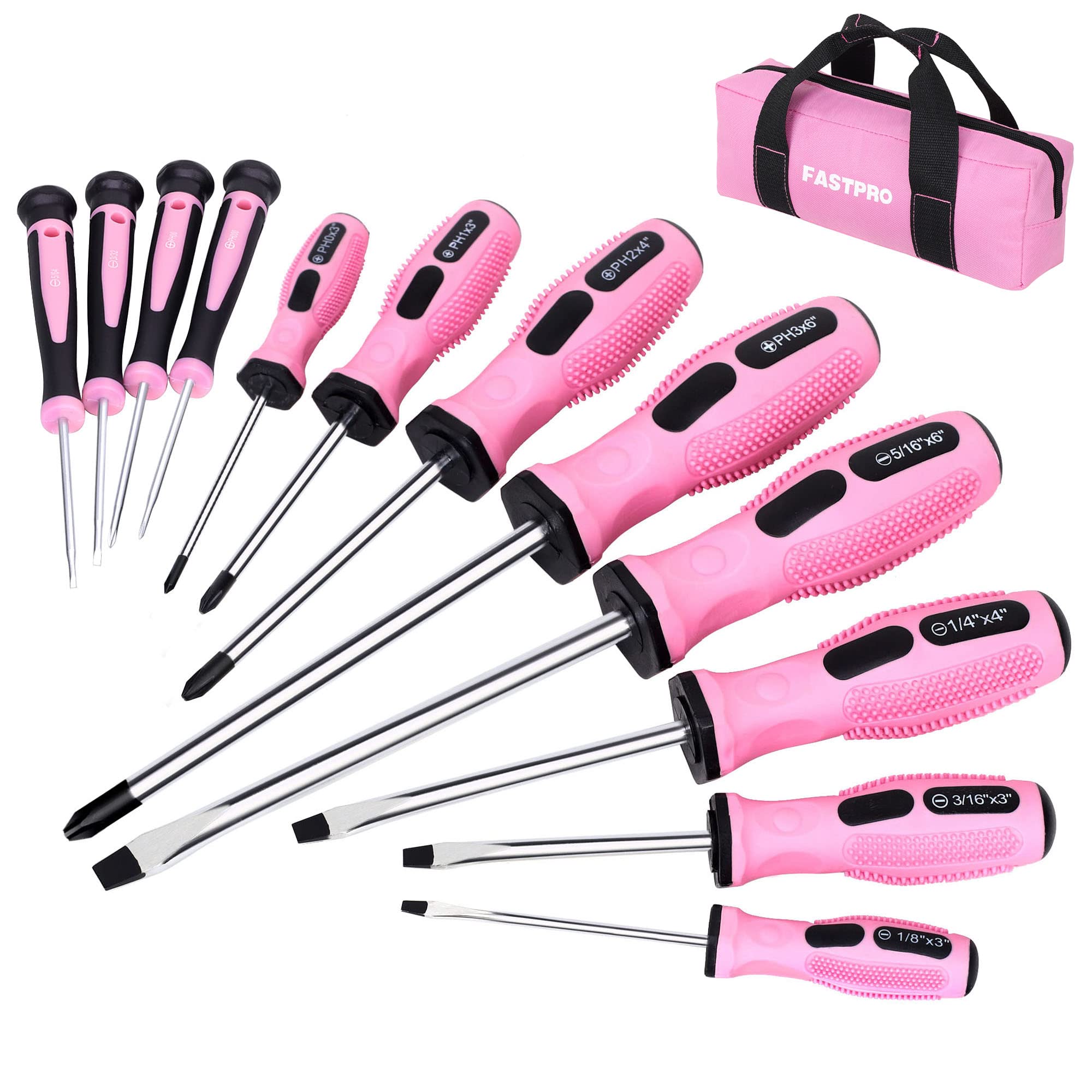 FASTPRO 12-Piece Pink Magnetic Screwdrivers Set with Slotted Phillips Screwdrivers and Precision Screwdrivers, Repair Tool Kit for Women with Storage Bag