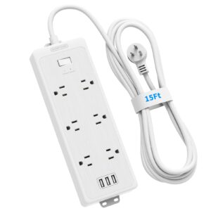 15 ft extension cord surge protector power strip 6 super wide spaced outlets, ntonpower flat plug surge protector wall mount with 3 usb, 1875w, 15a, 1700 joules, overload protection for home office