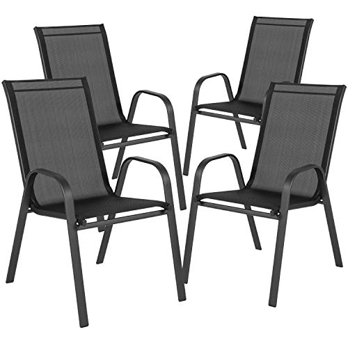 EMMA + OLIVER 4 Pack Black Outdoor Stack Chair with Flex Comfort Material - Patio Stack Chair