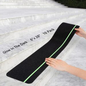 q-hillstar non slip stair treads with glow in dark stripe (10-pack), 6" x 28" waterproof non slip stair tape, outdoor stair treads non-slip, high traction friction abrasive adhesive tape