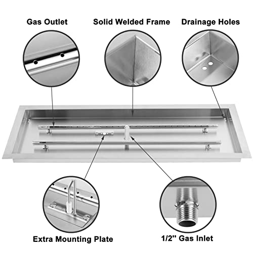 GASPRO 36 x 12 Inch Drop-in Fire Pit Pan and Burner, Natural Gas & Propane Fire Pit Insert with H-Burner, Heavy Duty 304 Stainless Steel, Mounting Plates Included