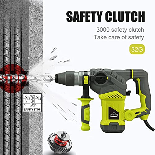 DEWINNER OUTLET Rotary Hammer Drill,1-1/4 Inch with Vibration Control and Safety Clutch,13 Amp Heavy Duty Demolition Hammer for Concrete-Including 3 Drill Bits,Flat Chisels, Point Chisels, Drill Chuck