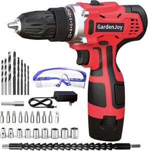 gardenjoy cordless power drill set: 12v electric drill with battery and charger, 2 variable speed, 24+1 torque setting, 3/8-inch keyless chuck, portable drill and 30pcs drill/driver bits