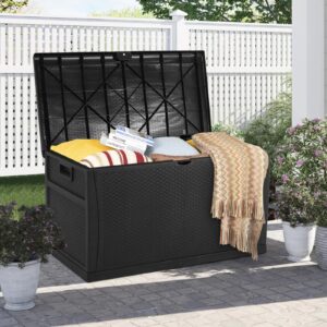 solaura outdoor storage deck box-120 gallon black wicker pattern container cabinet for patio furniture cushions, pillows, garden tools and pool toys