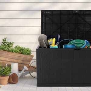 SOLAURA Outdoor Storage Deck Box-120 Gallon Black Wicker Pattern Container Cabinet for Patio Furniture Cushions, Pillows, Garden Tools and Pool Toys