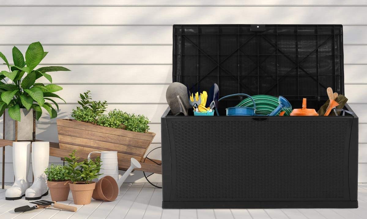 SOLAURA Outdoor Storage Deck Box-120 Gallon Black Wicker Pattern Container Cabinet for Patio Furniture Cushions, Pillows, Garden Tools and Pool Toys