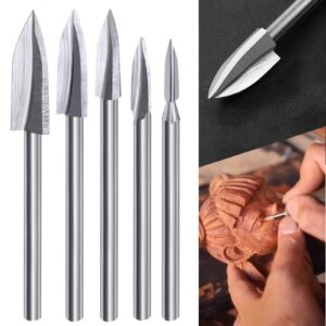 wood carving tools for rotary tool, 5 pcs hss woodworking tools engraving drill bit set wood crafts grinding tool universal 1/8” shank for diy carving drilling micro sculpture