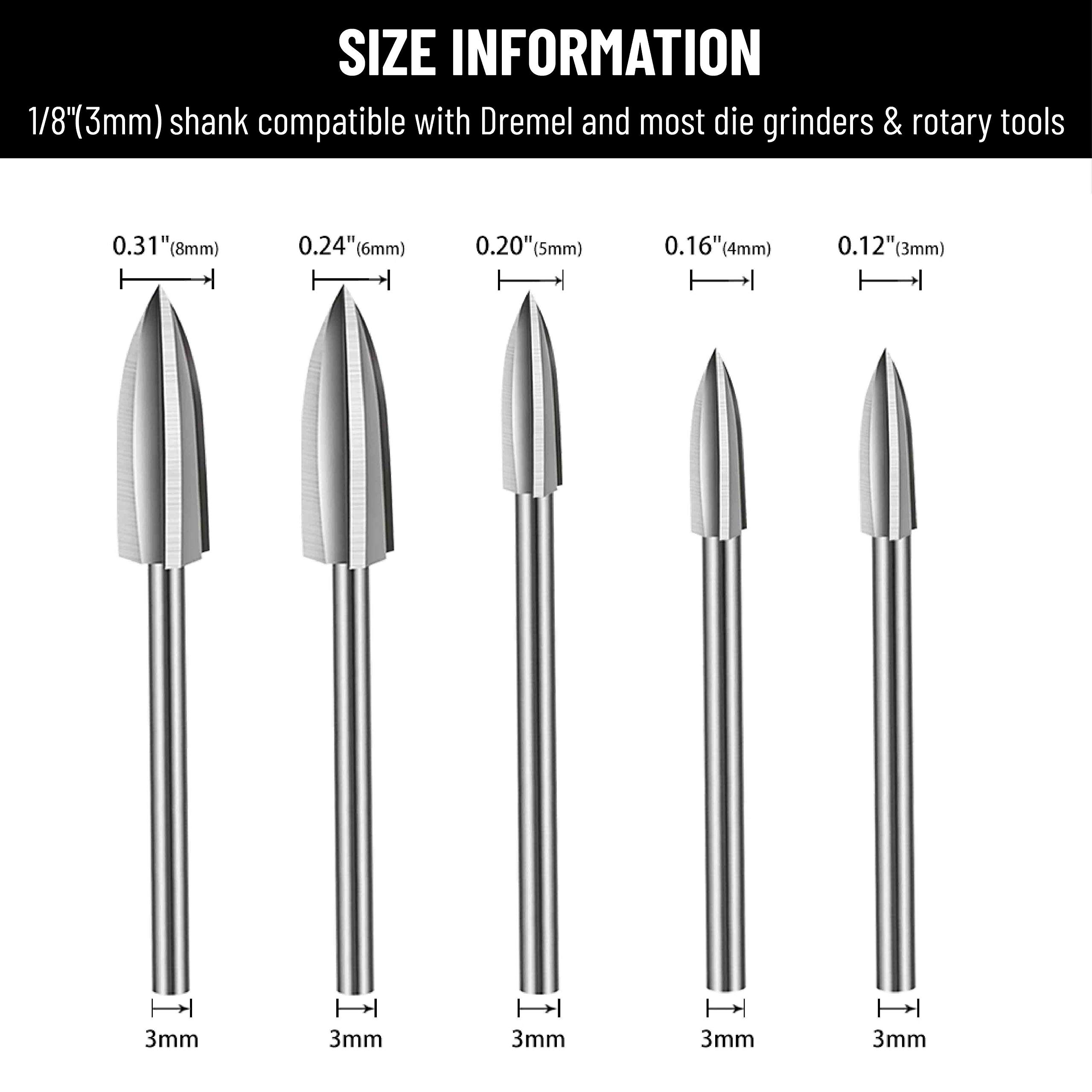 Wood Carving Tools for Rotary Tool, 5 PCS HSS Woodworking Tools Engraving Drill Bit Set Wood Crafts Grinding Tool Universal 1/8” Shank For DIY Carving Drilling Micro Sculpture