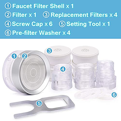 HiWater Faucet Water Filter System Easy Install Universal Fit - Reduces 99% Chlorine for Bathroom Kitchen (1 Filter Shell, 5 Filter Carbon KDF Filters)
