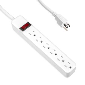 6 outlet surge protector power strip - 14/3 sjt white surge suppressor with 25 foot long extension cord, 15a/1875w, etl listed