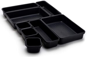 masirs interlocking drawer organizer bins, durable plastic, various sizes for custom layout design, great for desk drawer, tool box or garage organization, (black | 8-piece set)