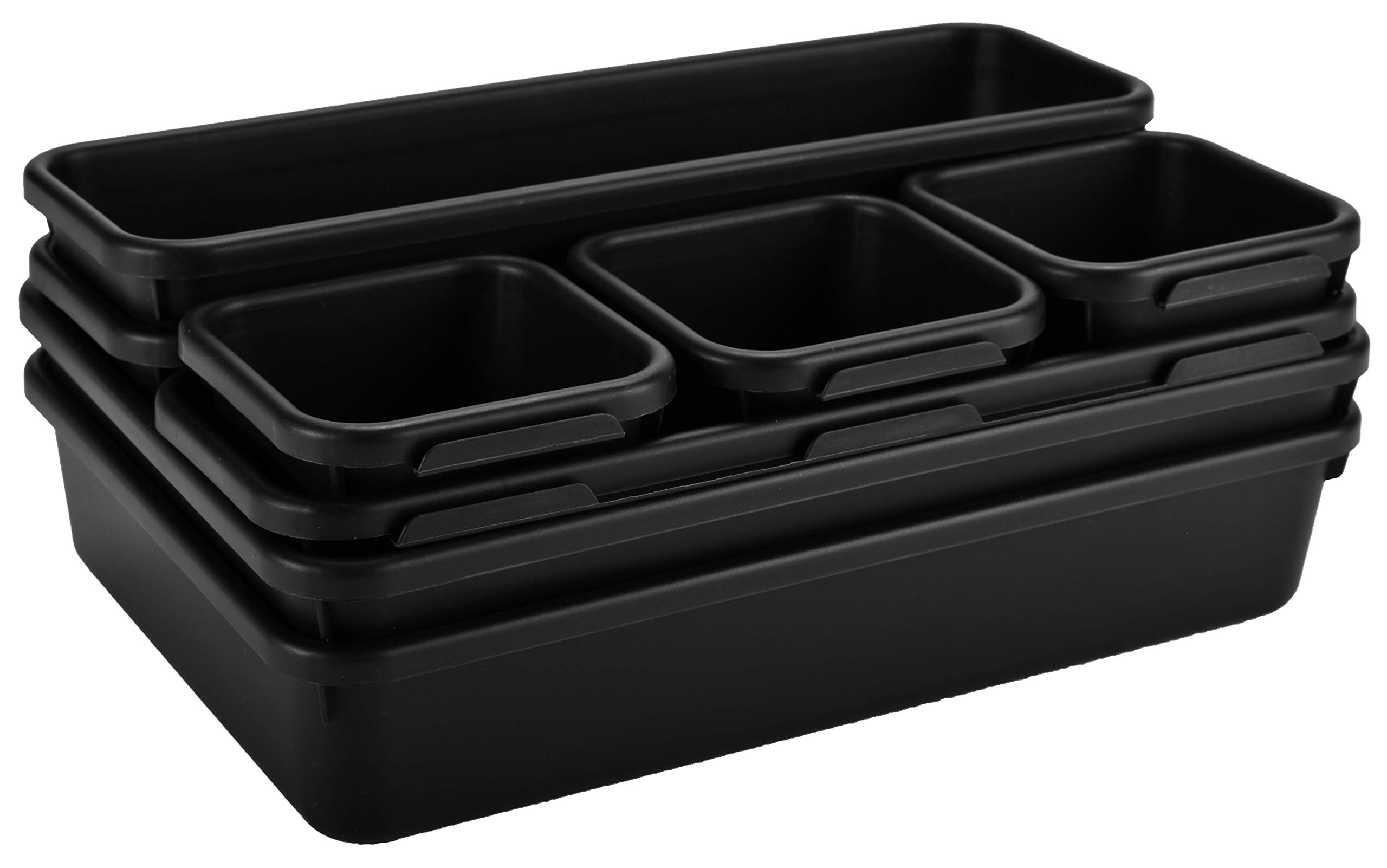 Masirs Interlocking Drawer Organizer Bins, Durable Plastic, Various Sizes for Custom Layout Design, Great for Desk Drawer, Tool Box or Garage Organization, (Black | 8-Piece Set)