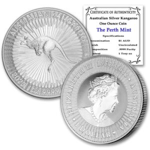 2023 p 1 oz australian kangaroo silver bullion coin brilliant uncirculated with certificate of authenticity $1 seller bu