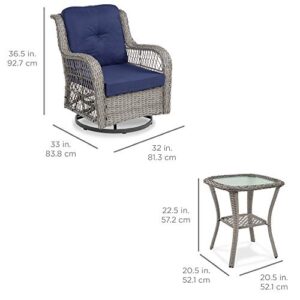 Best Choice Products 3-Piece Outdoor Wicker Patio Bistro Set w/ 2 360-Degree Swivel Rocking Chairs and Tempered Glass Top Side Table - Navy