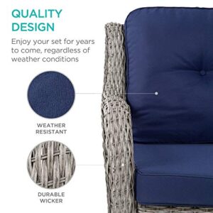 Best Choice Products 3-Piece Outdoor Wicker Patio Bistro Set w/ 2 360-Degree Swivel Rocking Chairs and Tempered Glass Top Side Table - Navy