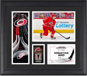 sebastian aho carolina hurricanes framed 15" x 17" player collage with a piece of game-used puck - nhl player plaques and collages