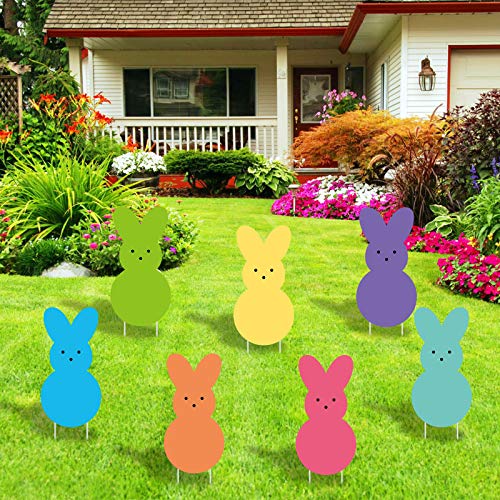 Easter Yard Signs Peeps Bunny Cutouts Easter Outdoor Decorations Easter Yard Stakes Bunny Party Spring Patio Lawn Decorations Set of 7