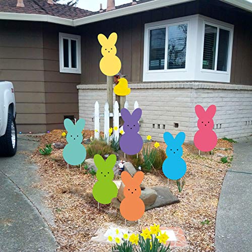 Easter Yard Signs Peeps Bunny Cutouts Easter Outdoor Decorations Easter Yard Stakes Bunny Party Spring Patio Lawn Decorations Set of 7