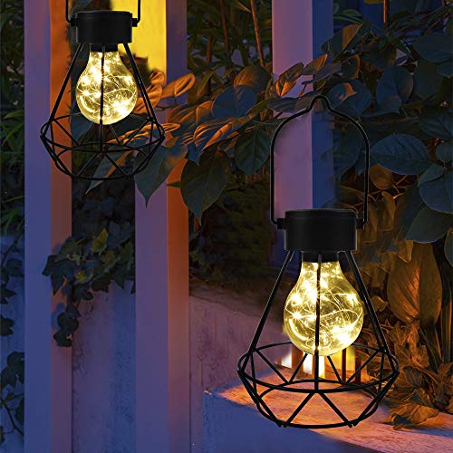 MAGGIFT 2 Pack Hanging Solar Lights, Outdoor Solar Powered Tabletop Lanterns with 15 LED Copper Lights Blub, Waterproof Solar Lantern with Handle for Yard, Lawn, Patio, Garden Decoration, Warm White