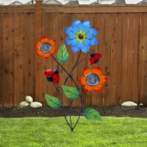 Juegoal 28 Inch Flowers Garden Stake Decor, Metal Art Colorful Look & Personalities Sunflowers and Ladybugs Decoration, Yard Outdoor Lawn Pathway Patio Ornaments