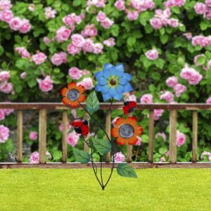 Juegoal 28 Inch Flowers Garden Stake Decor, Metal Art Colorful Look & Personalities Sunflowers and Ladybugs Decoration, Yard Outdoor Lawn Pathway Patio Ornaments