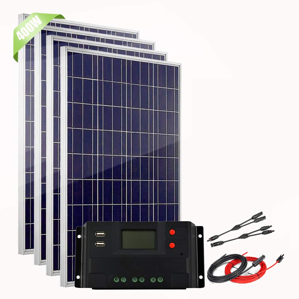 400 Watt Solar Panel Kit for Boat 12V 24V Battery Charger, 4pcs 100W Polycrystalline Solar Panels with 40A LCD Charge Controller + Accessory