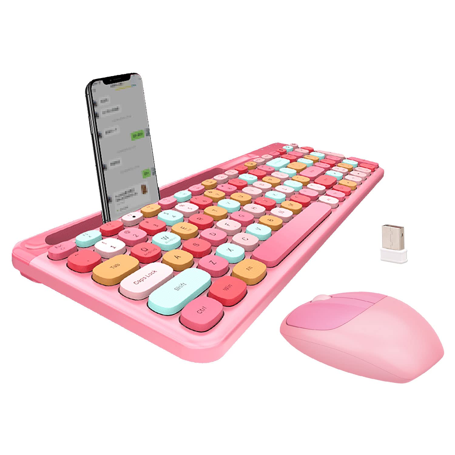 Wireless Keyboard and Mouse Combo - 2.4GHz Full-Sized - Computer Keyboard with Phone Holder - Keyboard and Mouse Set for Windows/Laptop/PC/Notebook - Cute Pink Colorful