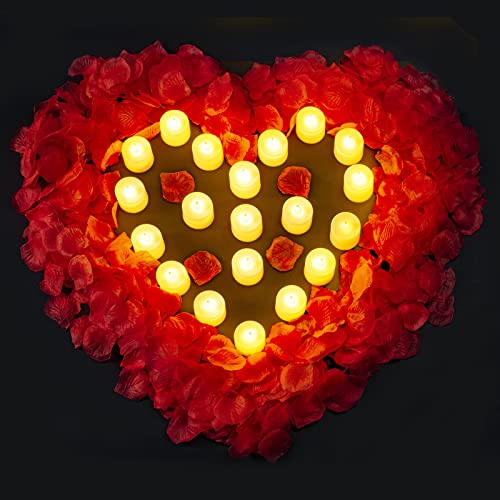 3000 PCS Artificial Silk Red Rose Petals and 20 PCS LED Candles Battery Flameless Flickering Candle Decoration for Romantic Night, Wedding, Event, Party, Decoration