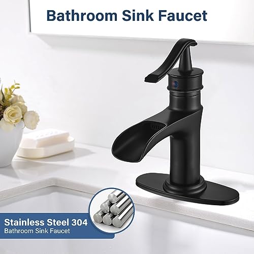 NeierThodore Waterfall Brass Bathroom Faucet Single-Handle One Hole Vanity Sink Faucet Vessel Faucet Basin Mixer Tap with Deck Plate,Matte Black