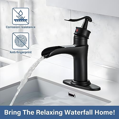 NeierThodore Waterfall Brass Bathroom Faucet Single-Handle One Hole Vanity Sink Faucet Vessel Faucet Basin Mixer Tap with Deck Plate,Matte Black