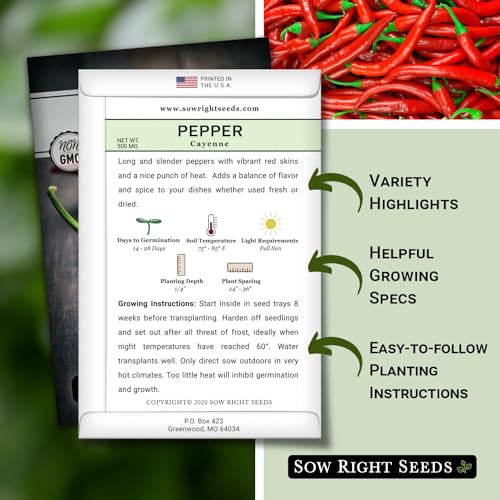 Sow Right Seeds - Cayenne Pepper Seed for Planting - Non-GMO Heirloom Packet with Instructions to Plant a Home Vegetable Garden - Grow Super Hot Thin Cayennes for Cooking or Seasoning(1)