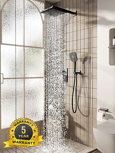 Gabrylly Shower System, 10 Inches Rain Shower Heads with Handheld Spray Combo, Wall Mounted Shower Faucets Sets Complete with Shower Valve Kit, Shower Head and Handle Set, Matte Black