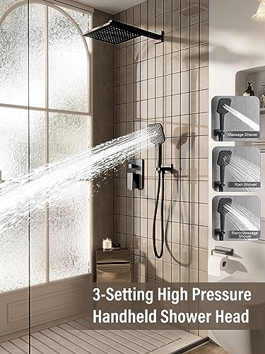 Gabrylly Shower System, 10 Inches Rain Shower Heads with Handheld Spray Combo, Wall Mounted Shower Faucets Sets Complete with Shower Valve Kit, Shower Head and Handle Set, Matte Black