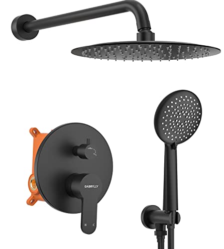 Gabrylly Shower System Black, 12 Inch Shower Faucet Set with Rain Shower Head and Handheld, Rainfall Shower Combo Set with Shower Valve Kit