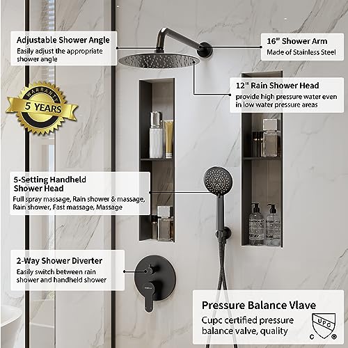 Gabrylly Shower System Black, 12 Inch Shower Faucet Set with Rain Shower Head and Handheld, Rainfall Shower Combo Set with Shower Valve Kit
