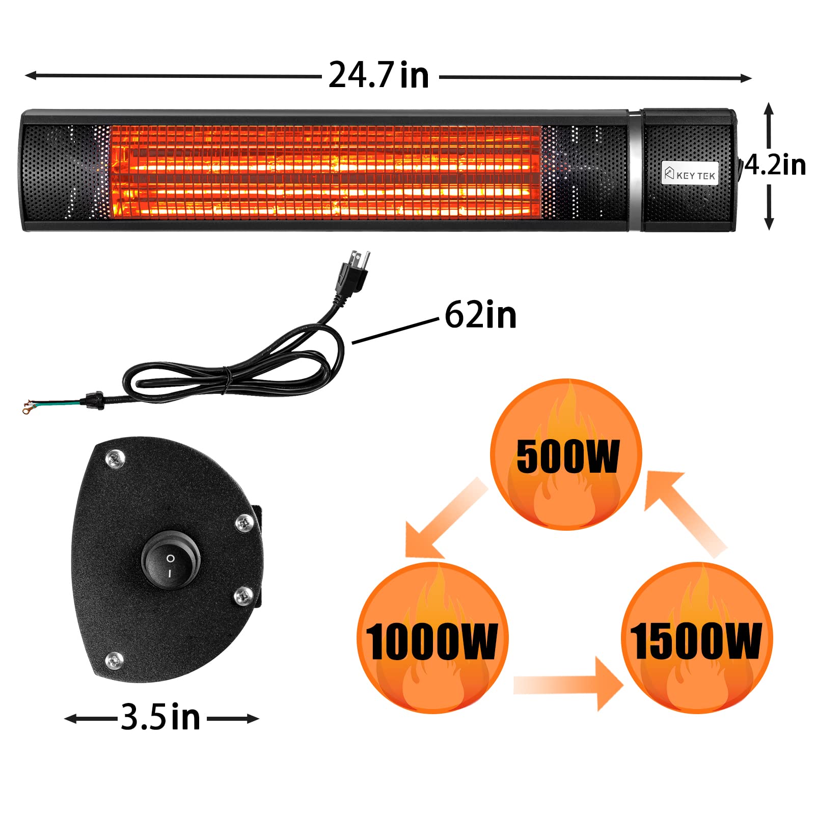 Wall-Mounted Patio Heater for Outdoor Use Electric Infrared Heaters 1500w with 3 Level ,Waterproof Space Patio Heaters, Remote Control, Black