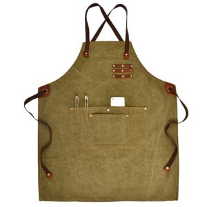 urhgart waxed canvas work aprons for men & women, shop apron, heavy duty woodworking, barista, barber, chef, bartender, metal working, with pockets (green 1 piece)