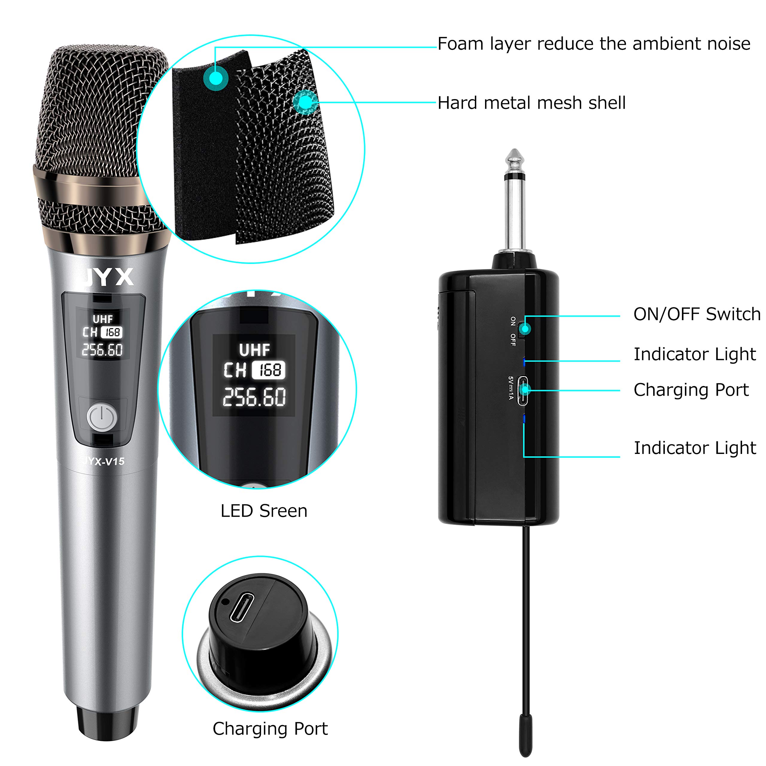 JYX Wireless Microphone, Dynamic Microphone for Karaoke with Receiver and Anti-Slip Ring, 80ft Transmission Distance, Rechargeable Mic System for Karaoke Night, Meeting, Compere, Party