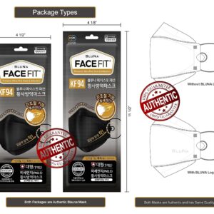 BLUNA FACE FIT [10 Pack :: Authentic [Black] Premium KF94 Certified Mask [Adjustable Ear Loop] [Large][Made in Korea]