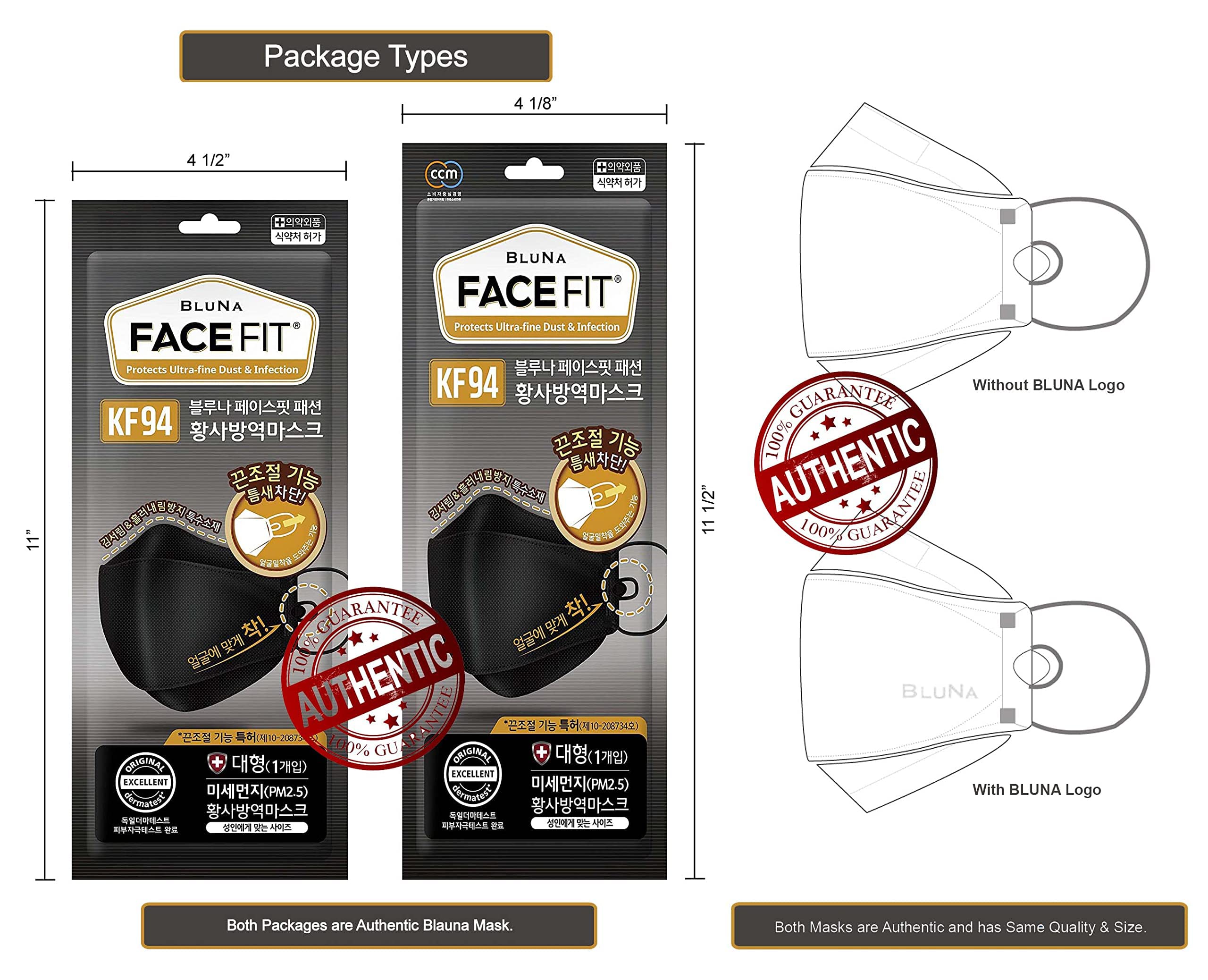 BLUNA FACE FIT [10 Pack :: Authentic [Black] Premium KF94 Certified Mask [Adjustable Ear Loop] [Large][Made in Korea]