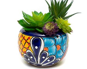enchanted talavera ceramic succulent pot small flower planter cactus bonsai pot w/drainage & hanging holes home garden office desk décor gift (small 4.5" x 4", cobalt)