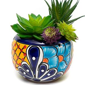 Enchanted Talavera Ceramic Succulent Pot Small Flower Planter Cactus Bonsai Pot W/Drainage & Hanging Holes Home Garden Office Desk Décor Gift (Small 4.5" x 4", Cobalt)