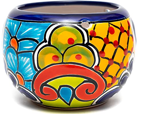 Enchanted Talavera Ceramic Succulent Pot Small Flower Planter Cactus Bonsai Pot W/Drainage & Hanging Holes Home Garden Office Desk Décor Gift (Small 4.5" x 4", Cobalt)