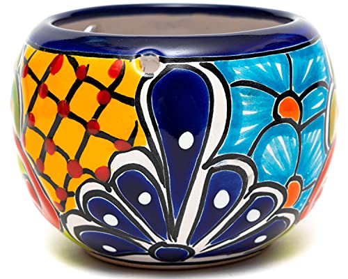 Enchanted Talavera Ceramic Succulent Pot Small Flower Planter Cactus Bonsai Pot W/Drainage & Hanging Holes Home Garden Office Desk Décor Gift (Small 4.5" x 4", Cobalt)