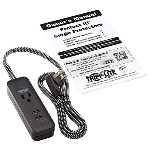 Tripp Lite 1-Outlet Surge Protector with 2 USB Ports (2.1A Shared) - 4 ft. Cord, 5-15P Plug, 450 Joules, Black (TLP104USB)